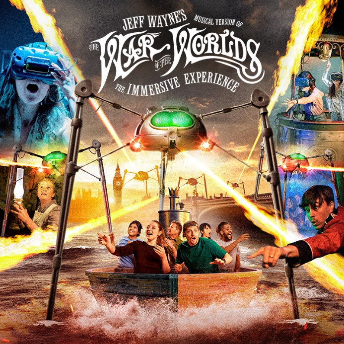 Promotional poster for "Jeff Wayne's Musical Version of The War of the Worlds: The Immersive Experience," featuring people in boats wearing VR headsets amidst a dramatic scene with large tripod machines firing beams. The design uses vibrant colors and dynamic lighting to highlight the immersive and interactive nature of the experience.