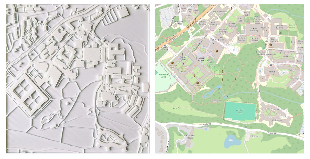Side-by-side comparison of a 3D relief map and a detailed color map of a campus area, showing buildings, roads, and green spaces. The 3D map highlights structural elevations and layout, while the color map includes labels, pathways, and natural features like ponds and wooded areas.