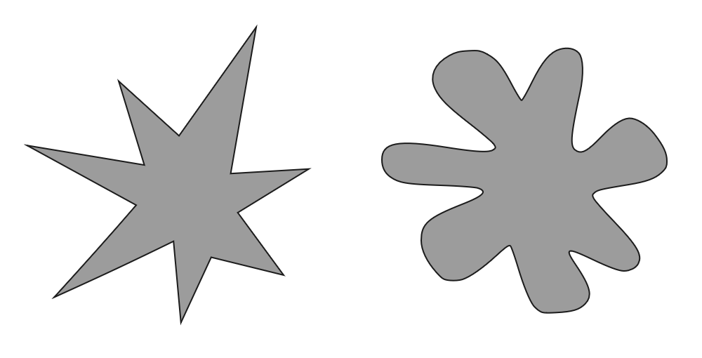 Two simple abstract shapes side by side: a sharp, angular tiki-like shape on the left and a rounded, soft bouba-like shape on the right.